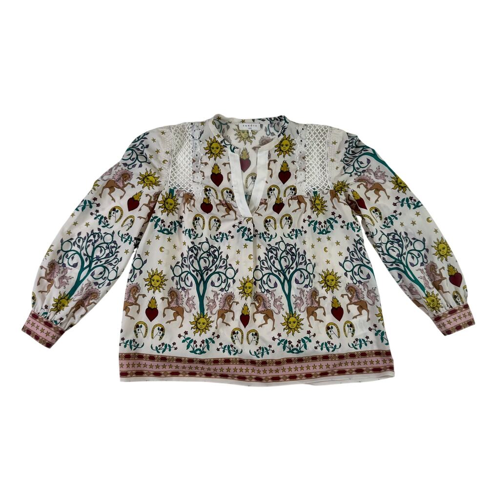 Sandro Paris Azucar Chiffon Blouse Tarot Print Lace Ivory Sz 1 Small Celestial - Picture 3 of 16